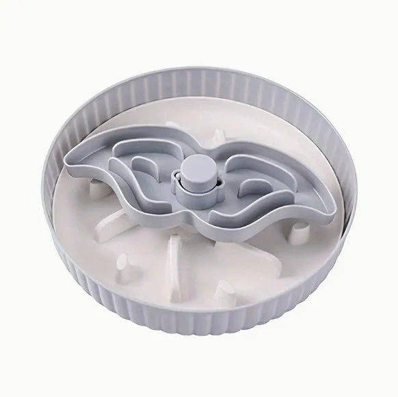 Grey rotating pet food basin with silicone pad showing beard pattern design for slow feeding