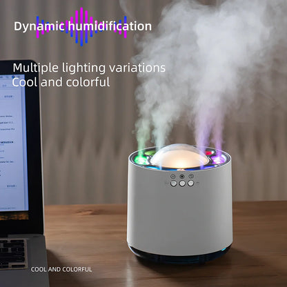 White ultrasonic humidifier with 7-colour LED lights showing dimensions 124x124x135mm