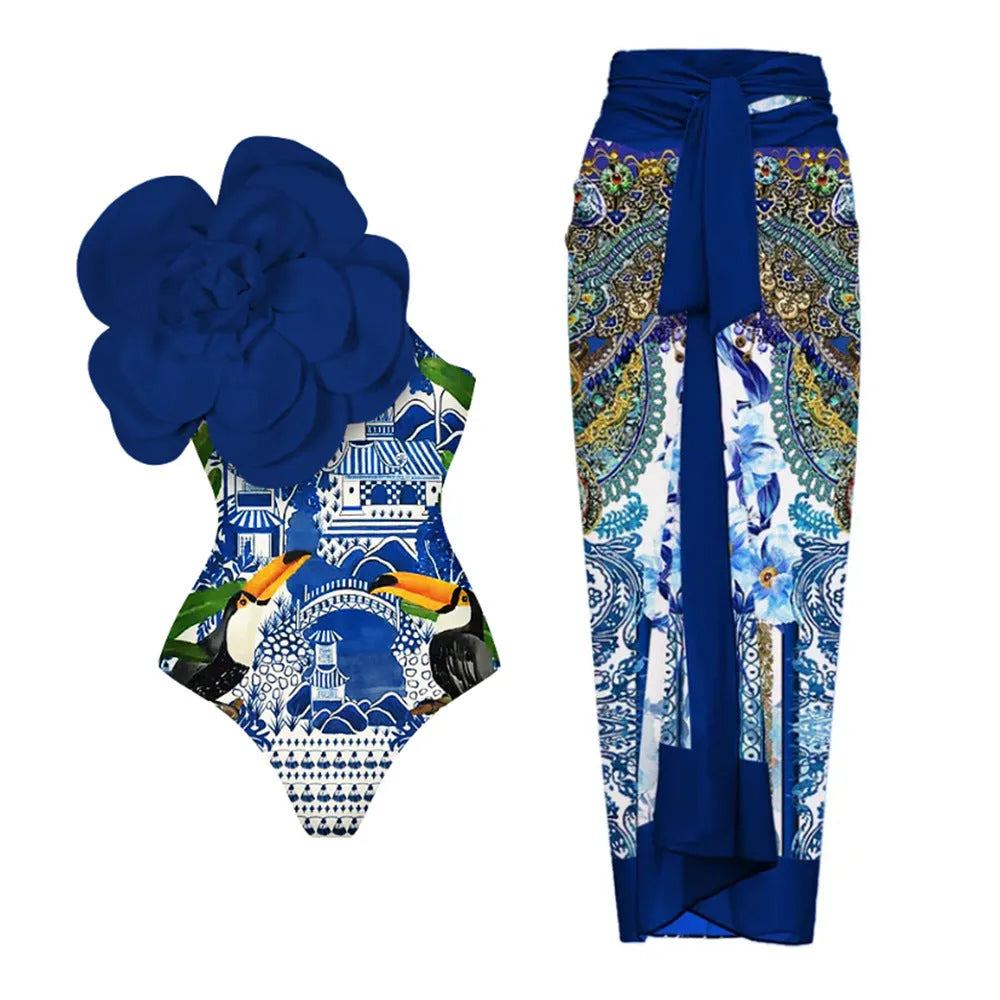 One-piece swimsuit with three-dimensional flower pattern in European and American fit.