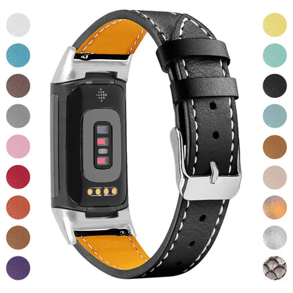 Genuine leather strap for Fitbit charge5 and charge6 in selected colour with adjustable buckle showing 5.5-8.1 inch length
