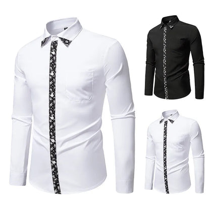 Men's long sleeve polyester shirt in white or black with slim fit and colour block cardigan-style design