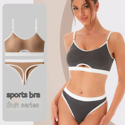 White sports bra and briefs set with thin moulded cups and double shoulder straps on a grey background.