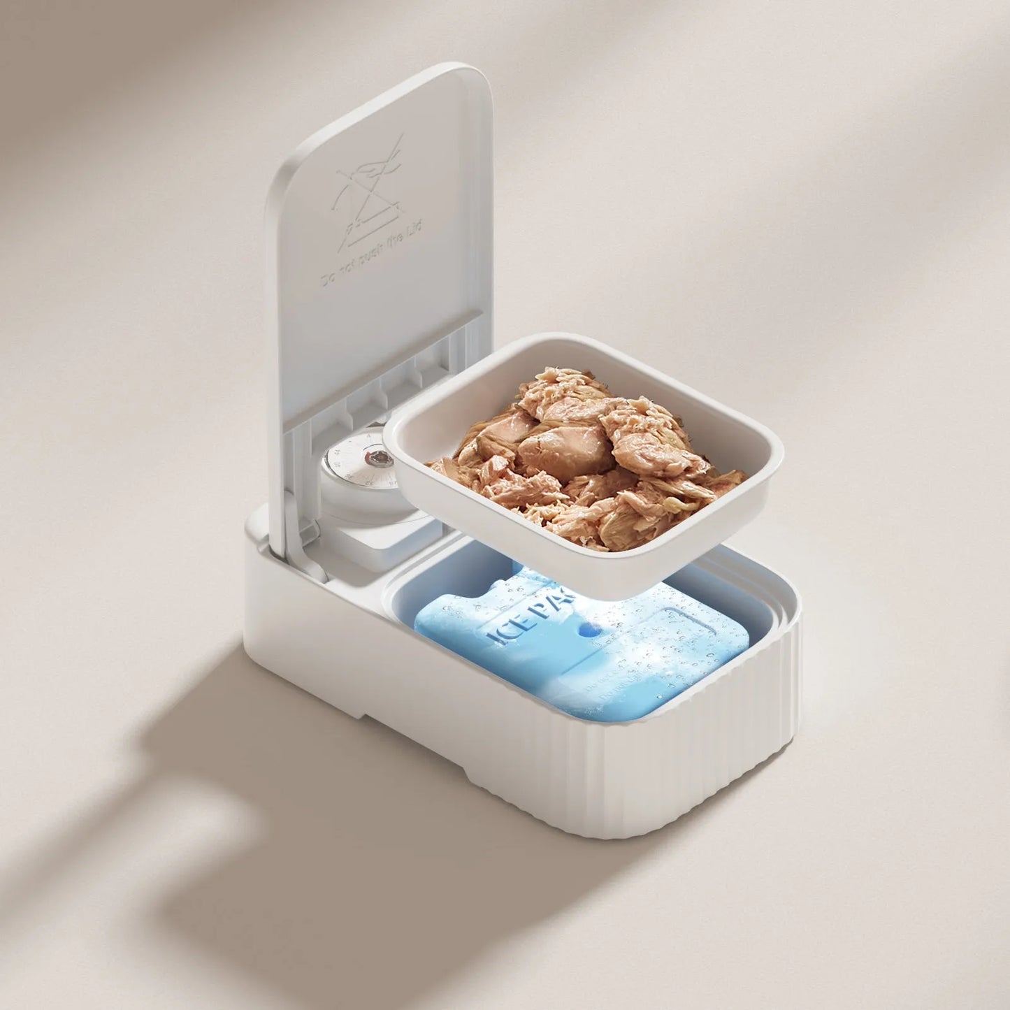 White programmable pet single meal feeder with timer display, ice crystal box, and modular splash-proof design.
