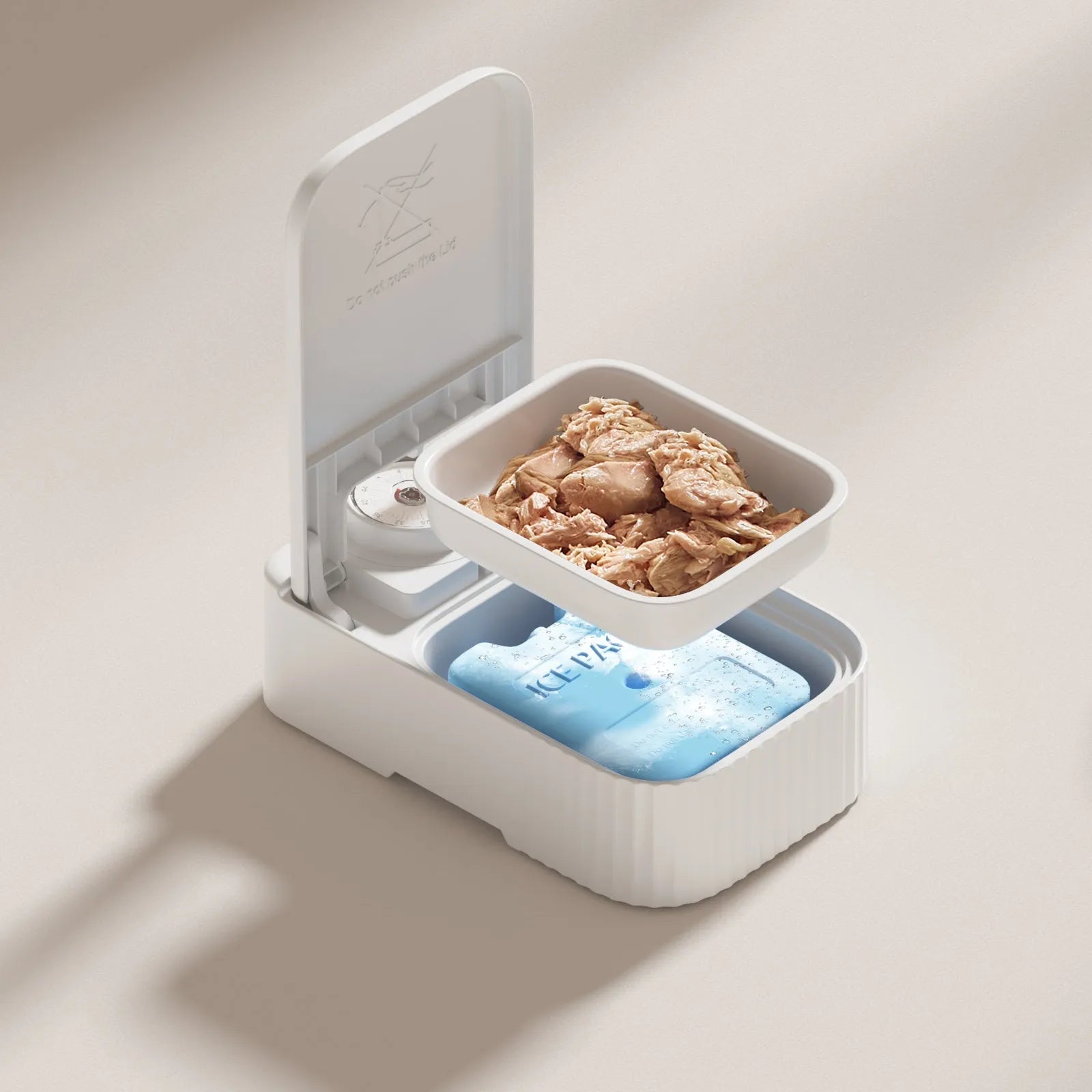 White programmable pet single meal feeder with timer display, ice crystal box, and modular splash-proof design.