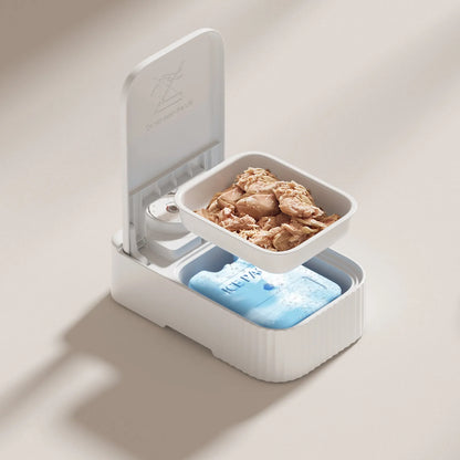 White programmable pet single meal feeder with timer display, ice crystal box, and modular splash-proof design.