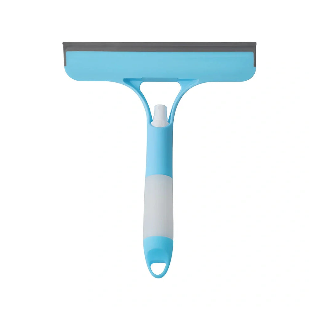 Double-sided plastic glass scraper in sky blue, 15cm long for removing household water stains