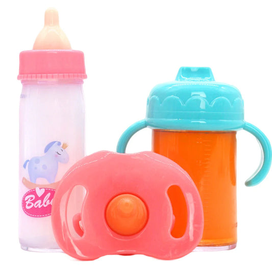 Doll feeding bottle accessory in pony pink and bear blue colour combinations for 14-18 inch dolls