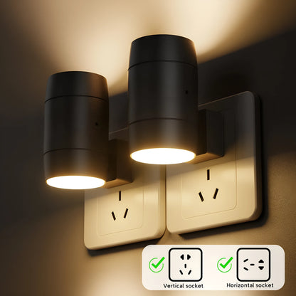 Direct plug-in bedside night lamp with adjustable brightness controls and rotating head in warm 3000K light colour