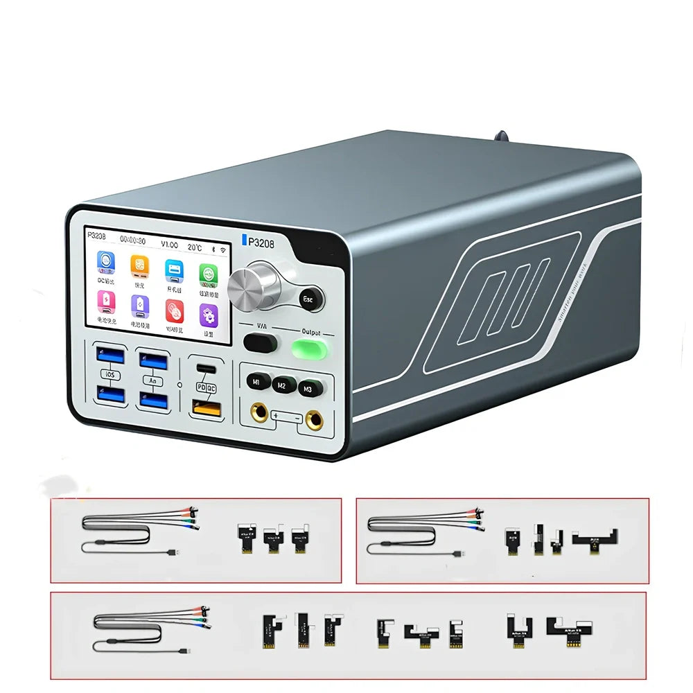 Smart voltage regulator power meter showing 3-inch display with power metrics and connection ports