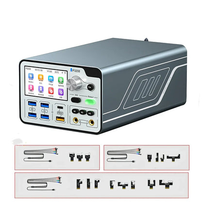 Smart voltage regulator power meter showing 3-inch display with power metrics and connection ports