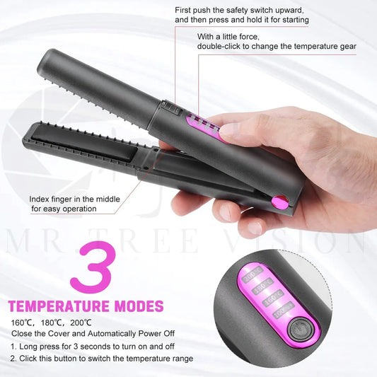 USB charge mini wireless travel hair straightener with ceramic plates in green, grey, or pink colours