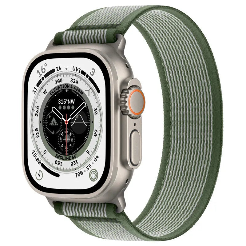 Nylon Apple Watch strap with single-ring closure in black and grey colour combination.