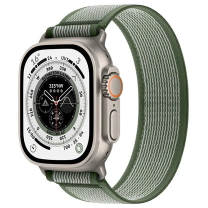 Nylon Apple Watch strap with single-ring closure in black and grey colour combination.