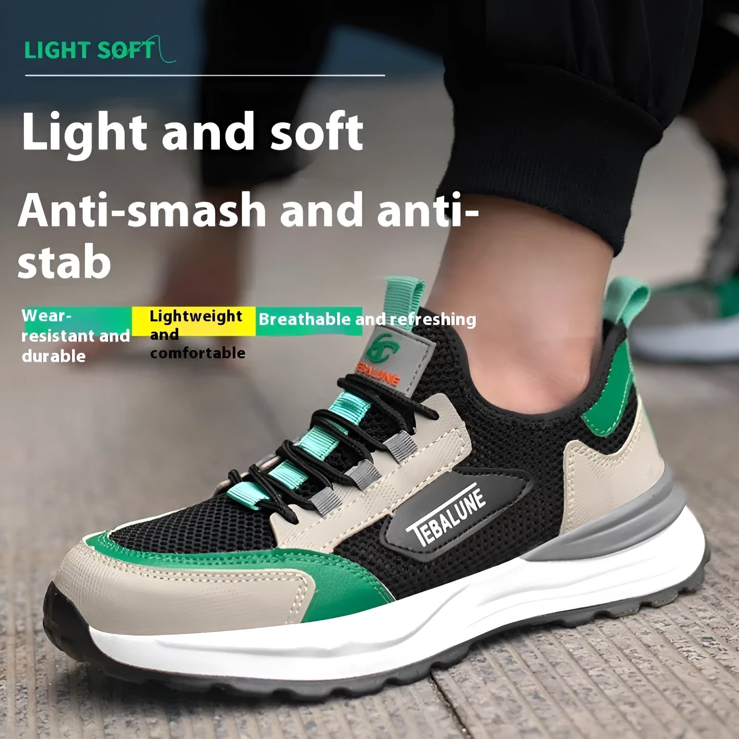 Men's black-green mesh work shoes with plastic steel toe protection and slip-on design