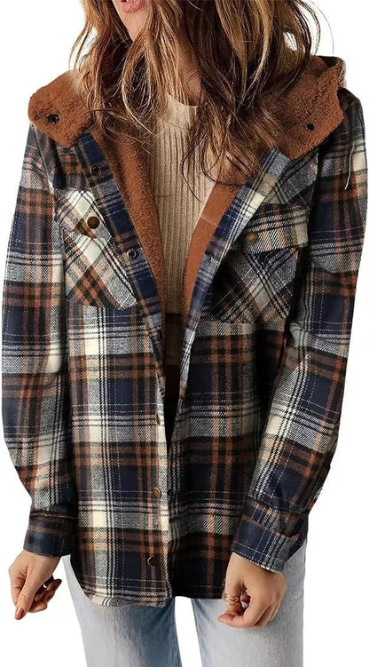 Casual Plaid Hooded Woolen Coat with fleece lining in various colors