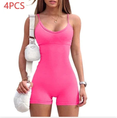 Stylish spaghetti strap jumpsuit in various vibrant colors, perfect for yoga, workouts, and everyday wear.