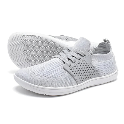Men's black brown mesh and synthetic leather walking shoes with soft sole and wide toe design.