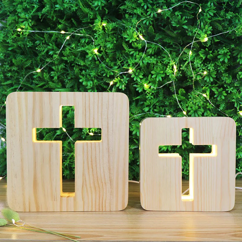 Solid wood hollow night lamp with warm white LED light on a surface