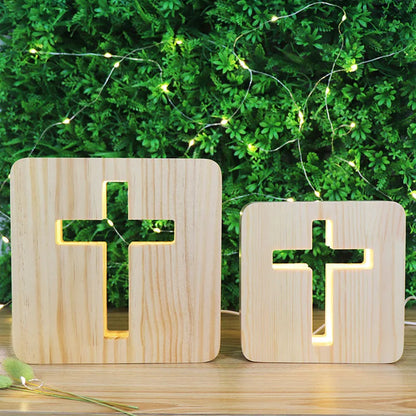 Solid wood hollow night lamp with warm white LED light on a surface