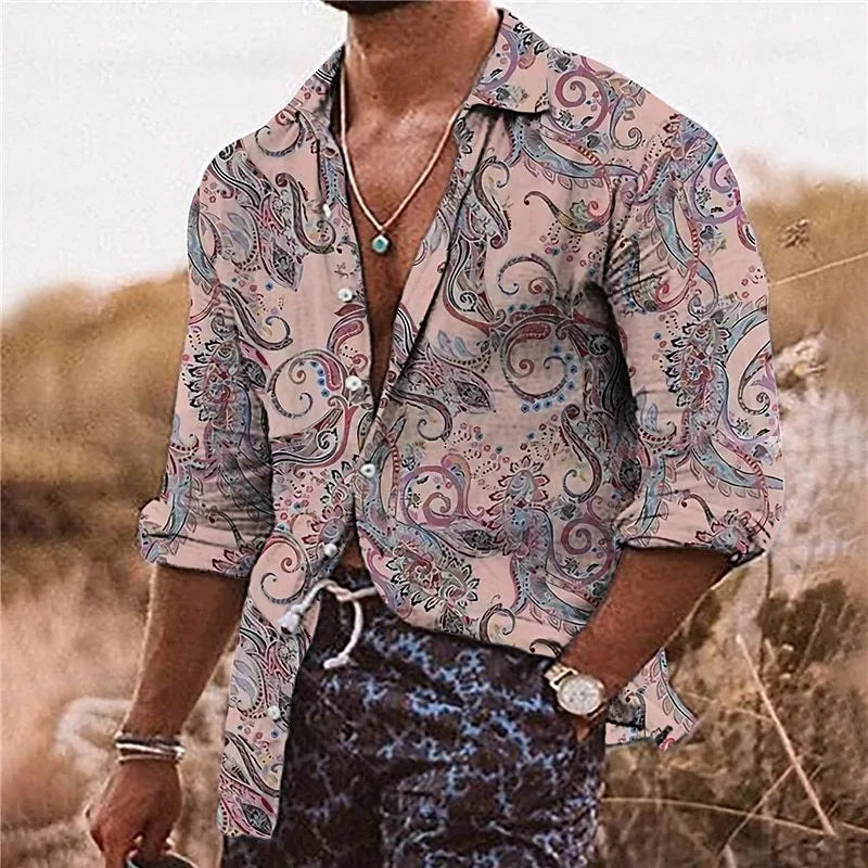 Men's loose fit polyester shirt with floral 3D pattern in bohemian style for business casual wear