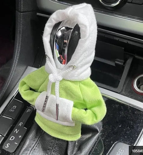 Polyester car gear lever hooded cover in red and white hat design, dimensions 12x13 cm.