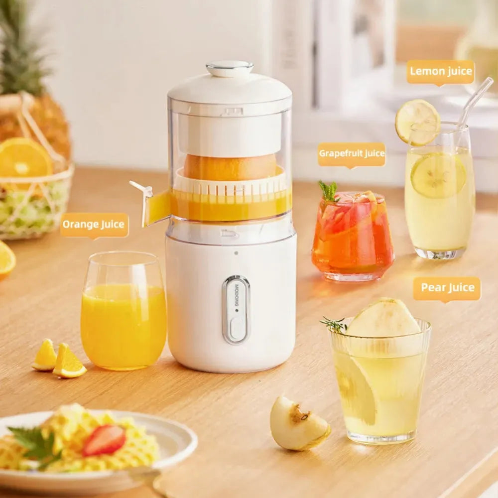 Fresh green portable electric juicer with USB charging cable and orange on a wooden table