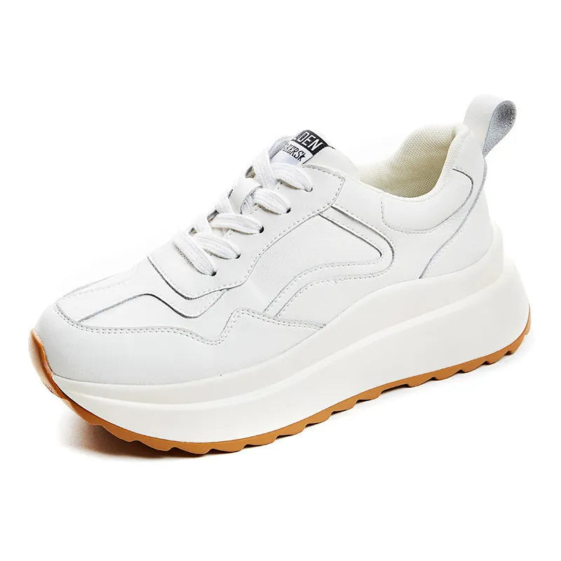 Women's beige cattlehide leather casual sports shoes with mesh lining, cross strap, and English muffin heel