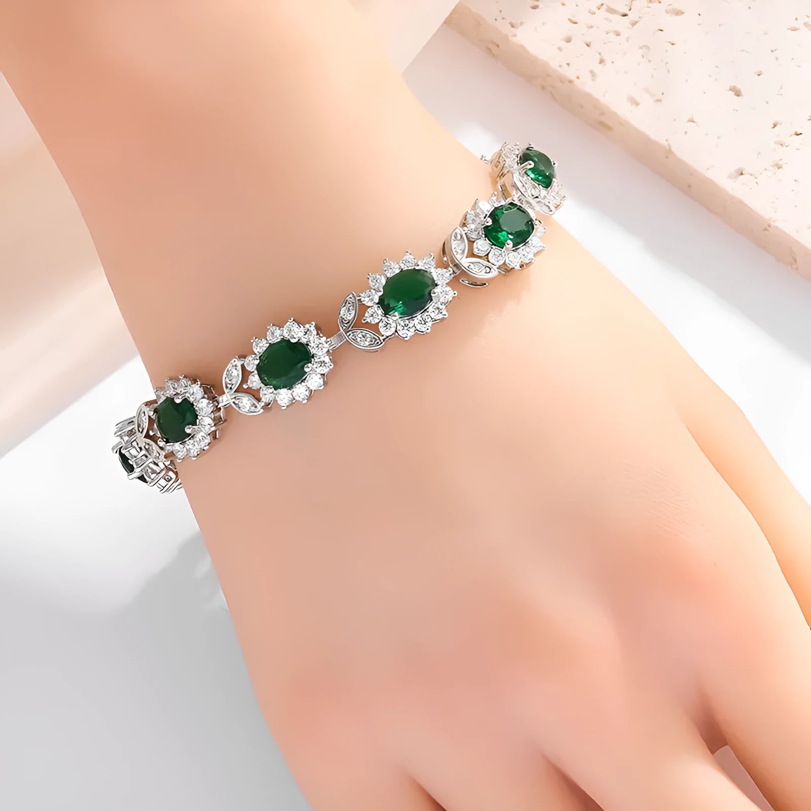 Personality Trend women's simple bracelet with inlaid zircon stones in a choice of nine gemstone colours on a wrist.