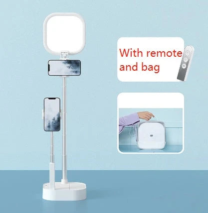 Versatile mobile phone broadcast stand with adjustable height, 360-degree rotation, and dimmable LED fill light for content creation