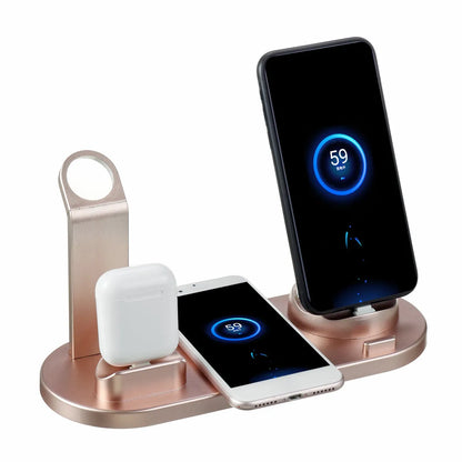 Three-in-one wireless charging stand in silver for iPhone, Apple Watch and AirPods with adjustable angle and USB power