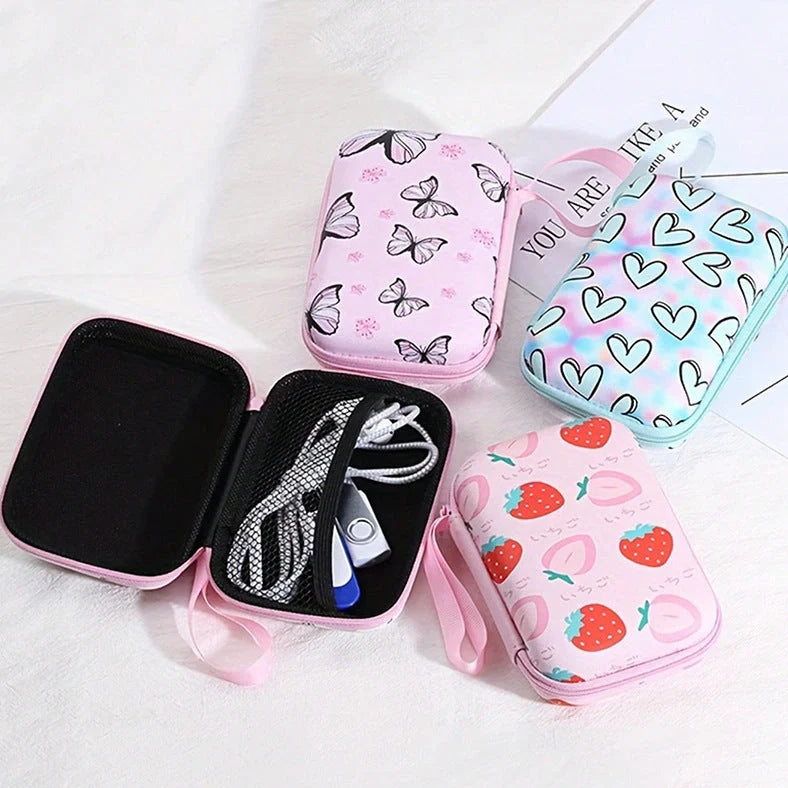 Square hard shell EVA cable storage bag with zipper, 11x8x4cm dimensions, showing Bunny Plaid design variant