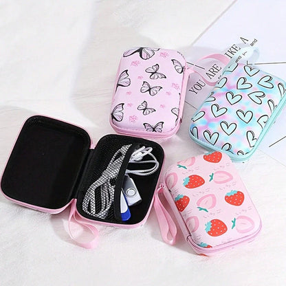 Square hard shell EVA cable storage bag with zipper, 11x8x4cm dimensions, showing Bunny Plaid design variant
