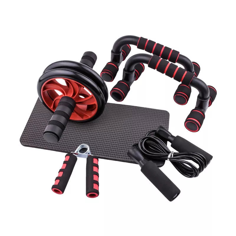 Abdominal wheel set for home fitness, includes wheel, kneeling mat, and skipping rope