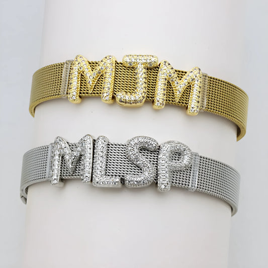 Retro style copper bracelet with English letter charm featuring micro inlaid zirconium stones in gold plating