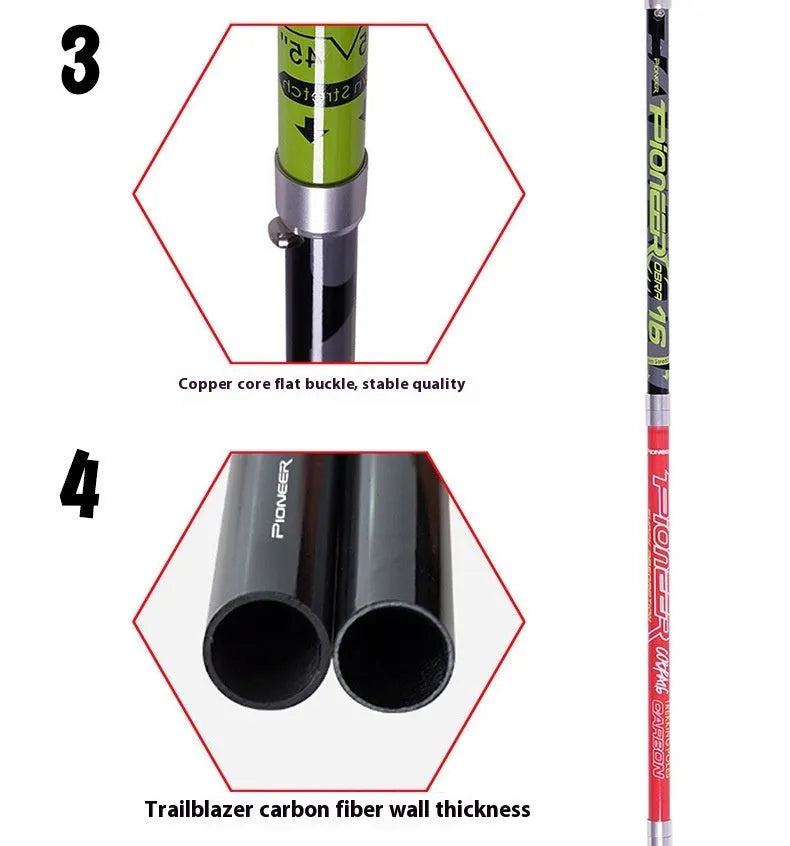 Carbon fibre folding climbing cane with telescopic sections, tungsten steel tip, and EVA foam handle