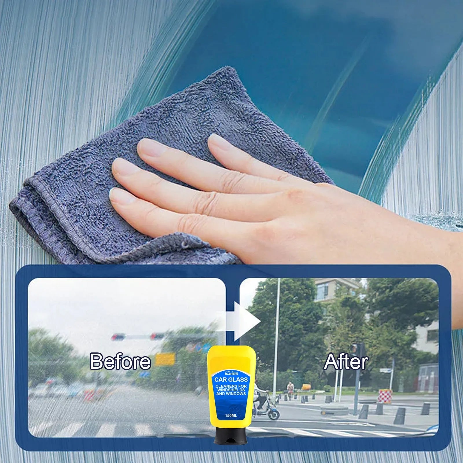 150ml car windscreen cleaner bottle with sponge and microfibre cloth for automotive glass cleaning