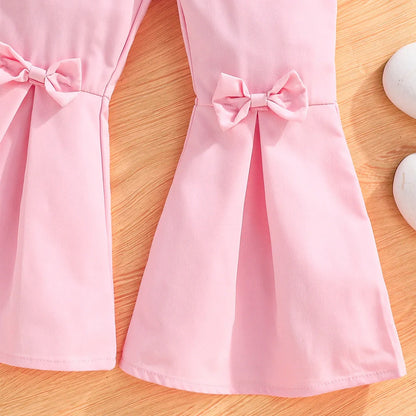 Girls' mesh sleeve top and bell-bottom pants suit in solid colour, sizes 2-8 years, with polyester fabric
