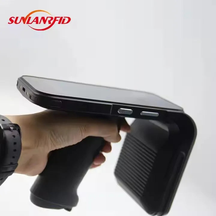 SLP-05 handheld UHF RFID scanner with Android touchscreen, Impinj E710 chipset, and removable battery for industrial use