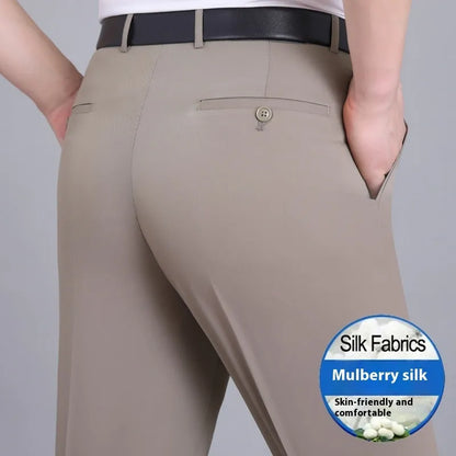 Men's dark blue high-waisted straight-leg non-ironing trousers made from a silk blend fabric.