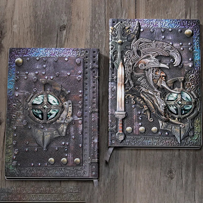 Handmade leather A5 notebook with 3D warriors relief embossing, showing bronze colour and open pages