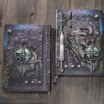 Handmade leather A5 notebook with 3D warriors relief embossing, showing bronze colour and open pages