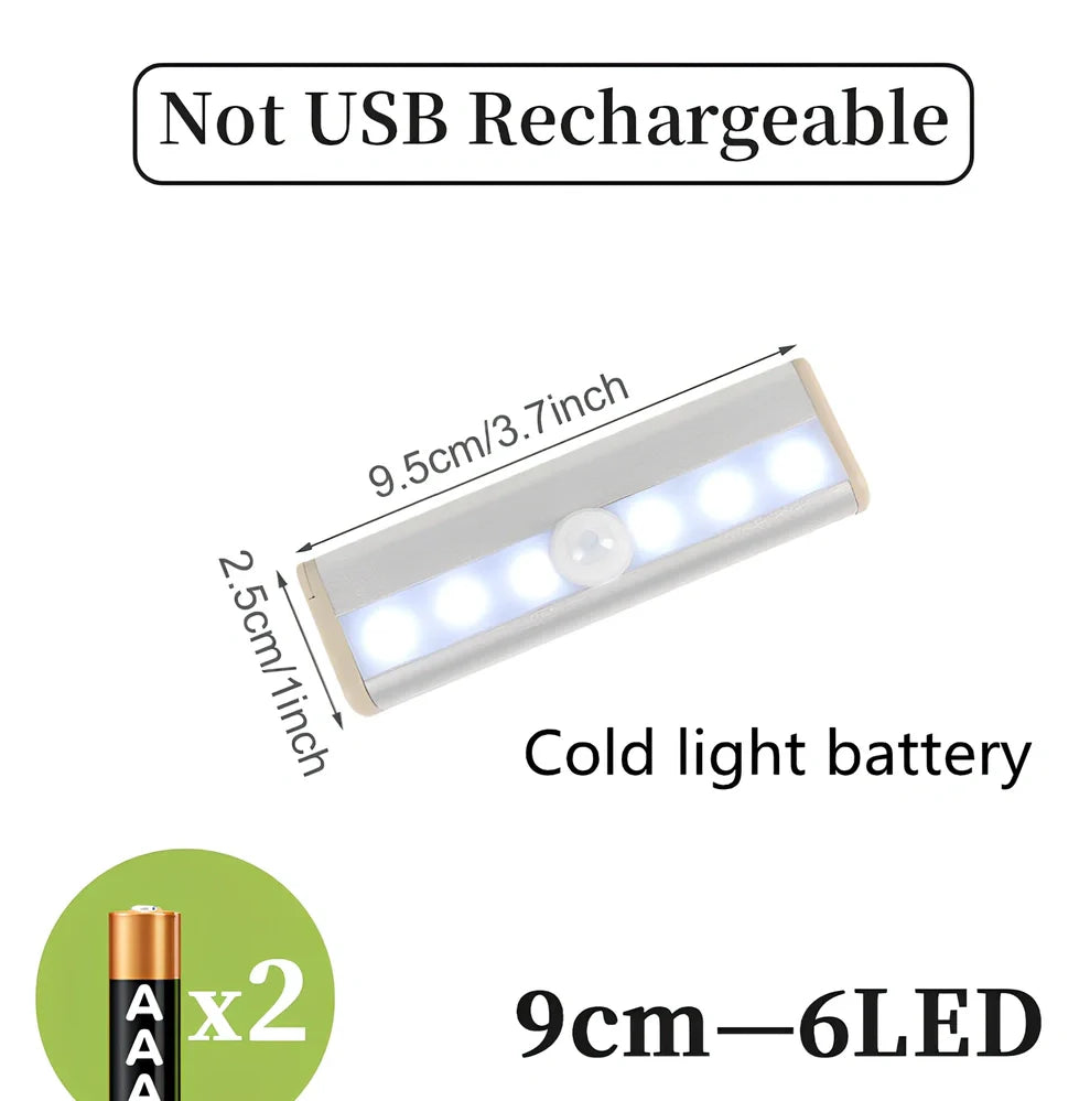 LED sensor light bar showing motion detection range and multiple size options from 9cm to 52cm