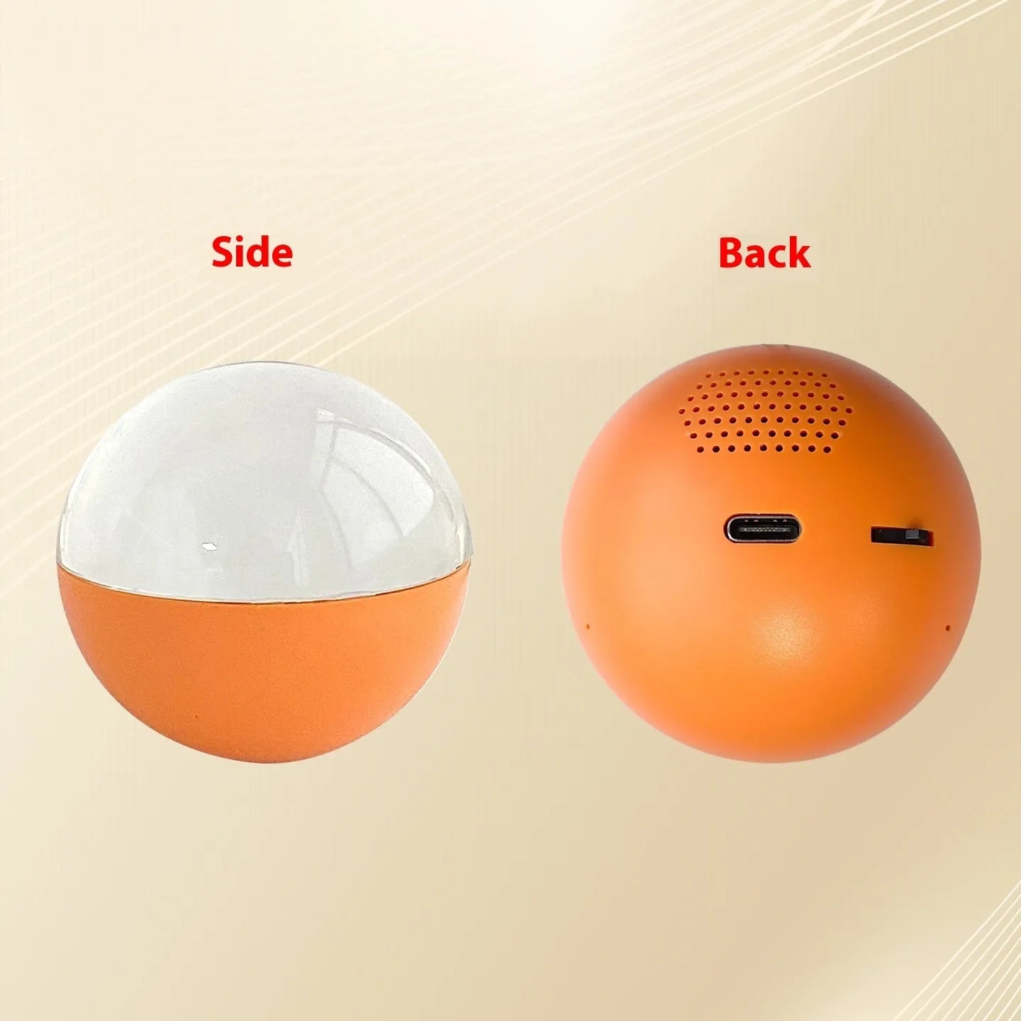 Electronic ball video player with round screen in orange, blue, white, pink, or black, showing 70x70mm size and dial control.