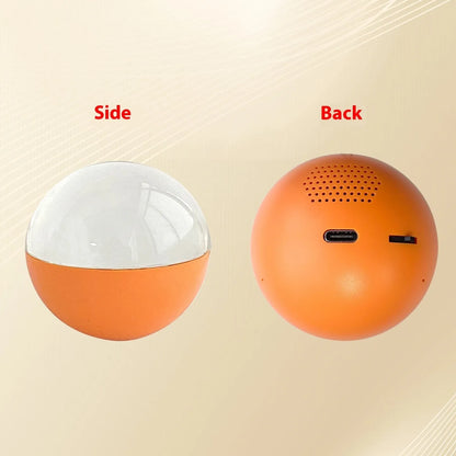 Electronic ball video player with round screen in orange, blue, white, pink, or black, showing 70x70mm size and dial control.