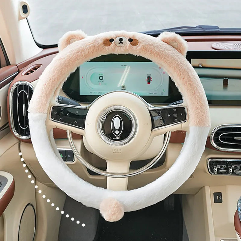 Plush steering wheel cover with rabbit fur embroidery showing cartoon animal design on 38cm diameter