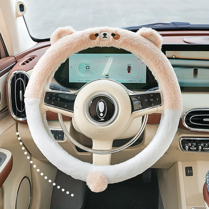Plush steering wheel cover with rabbit fur embroidery showing cartoon animal design on 38cm diameter