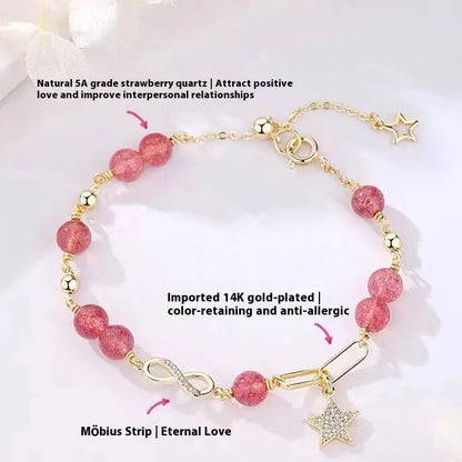 Women's mobius loop bracelet made with natural grey moonstone, strawberry quartz, or citrine crystal beads in a constellation design.