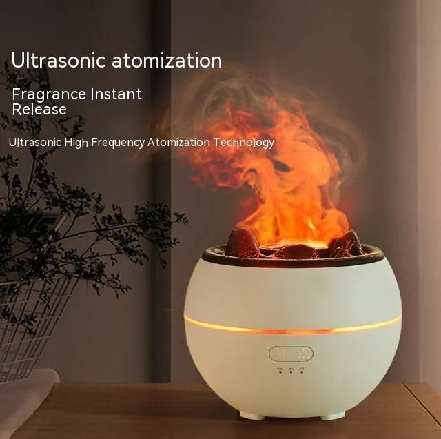 White flame aroma diffuser humidifier with round shape on wooden desk