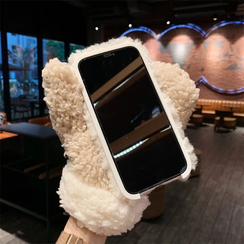 Brown glove plush phone case for Apple iPhone with TPU back cover and cold protection plush glove