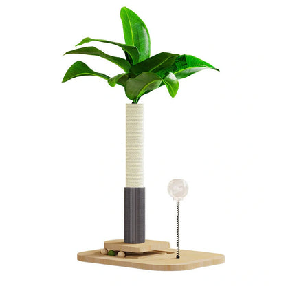 Vertical wooden cat scratching post with chamfered edges and food drop ball attachment